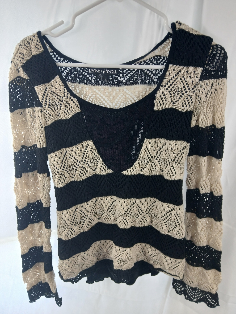 Loving Doll Black & Beige Crochet Striped Sweater
